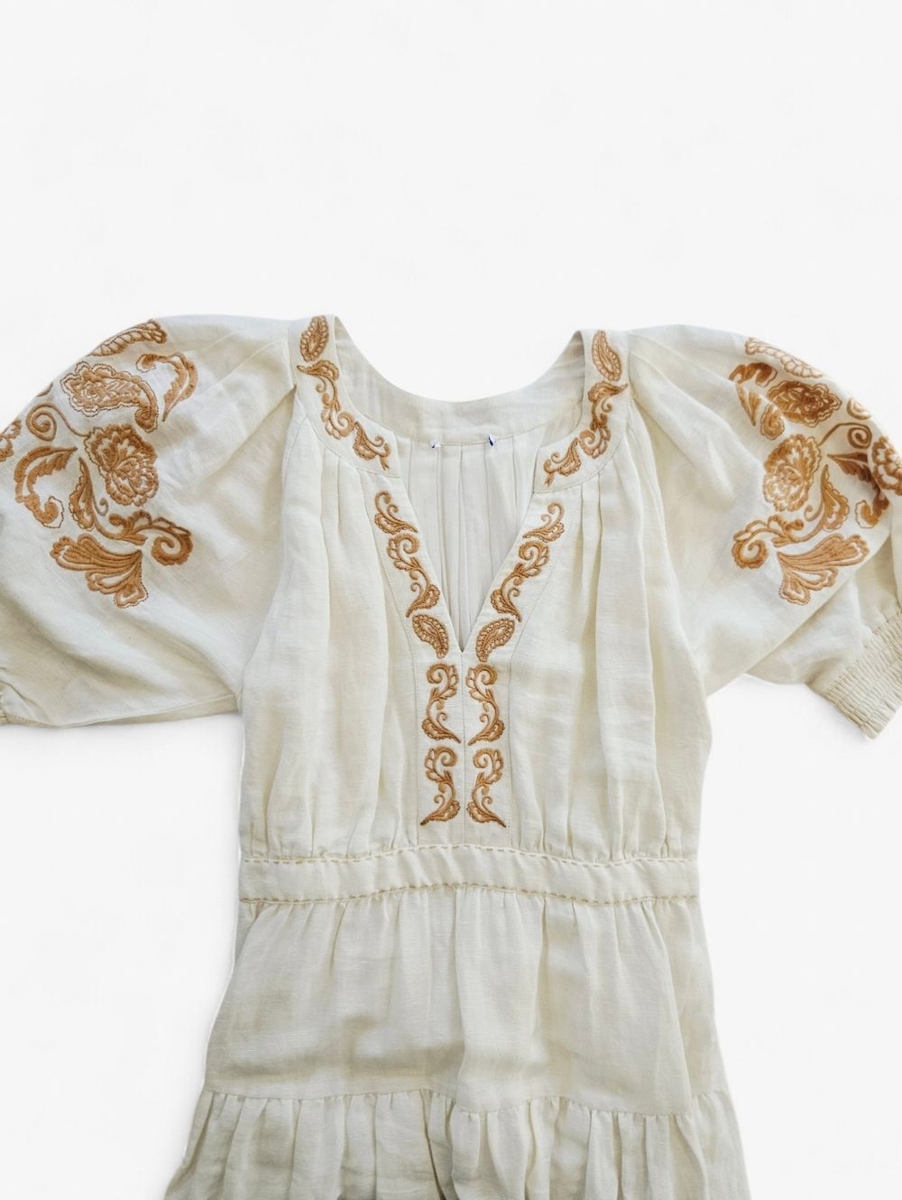Cartolina Lizette Linen Blend Embroidered Belted Puff Sleeve Ivory Midi Dress M - Picture 7 of 16